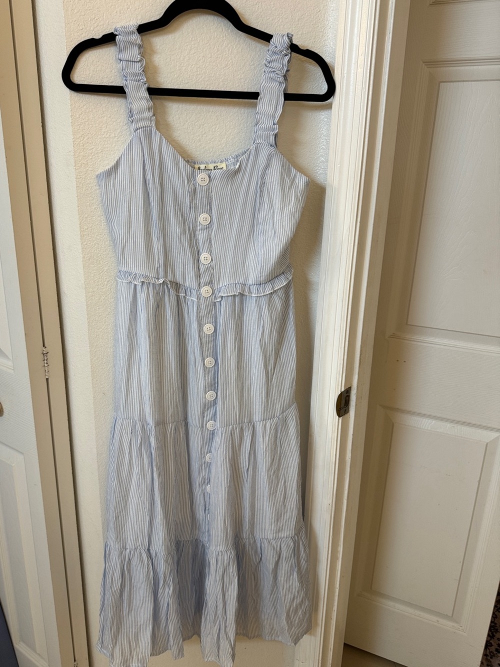 Indigo Rose Button-Front Light Blue Striped Ruffle-Strap Girls Dress